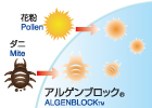 ALGENBLOCK™ is the high functional material can absorb and remove aller materials come from pollen, mite body and faces.,etc.
